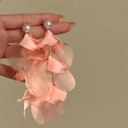 Fairy pink petal chiffon strap tassel earrings