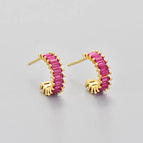 Square diamond curved stud earrings/gold/red corundum / Copper