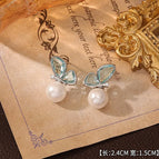 10#Blue Crystal Butterfly Pearl Stud Earrings