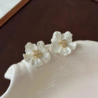 Micro-embellished shell flower stud earrings