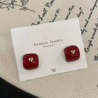 Red Square Love Heart Stud Earrings R4938c