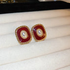 2#Silver Needle-Red Pearl Square (Real Gold Plating)