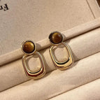 Hong Kong Style Retro Tiger Eye Stone Melad Earrings