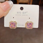 No.57 Pink-Micro-Inlaid Square Diamond Earrings (Thick Gold Plating)