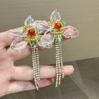 Exquisite Beaded Flower Tassel Diamond Chain Earrings