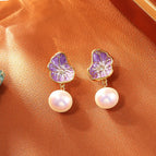 Purple Lotus Leaf Pearl Stud Earrings (S925 Silver Needle)