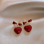 Wine Red Bow Peach Heart Stud Earring
