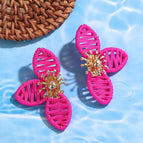 Rose Red Petal Raffia Rattan Earrings