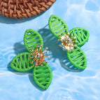 Green Petal Raffia Rattan Earrings