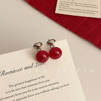 3#Red Round Bead Stud Earrings