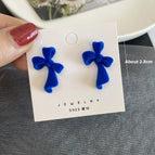 2670 Flocked Long Bowknot Earrings in Sapphire Blue