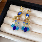 59#Silver Needle-Gold-Blue-Diamond Peacock Crystal Pendant Earrings