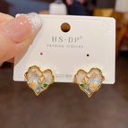No. 39 Flower Love Heart Stud Earrings (Thick Real Gold Plating)