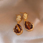 35 # Tiger Eye Drop-shaped Earrings (Real Gold Plating)