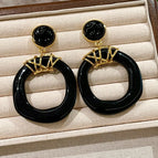 2511066 Hollow Black Round Earrings (S925 Silver Needle)