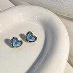 1# Shiny Blue Loving Heart Stud Earrings-Gold