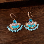 54#Gold-Blue-Zircon Fan-shaped Pearl Crystal Tassel Ear Hooks