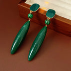 49#Silver Needle - Gold - Green - Oil Drop Square Malachite Water Drop Pendant Earrings