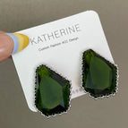 3374 Green Retro Crystal Geometric Exaggerated 925 Silver Needle