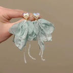 Pearl Heart Tassel Blue Green Fabric Petal Bow Earrings