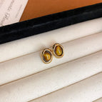 14#Silver Needle - Gold - Coffee Color - 14K Real Gold Plated Irregular Oval Tiger Eye Stone Earrings