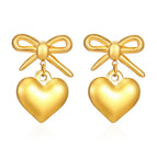 Bow Hanging Love Heart Earrings Gold