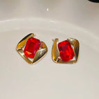 12#Silver Needle-Gold-Red-Rhombus Glass Rectangular Stud Earrings