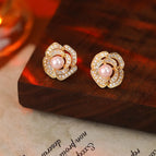 MMEH-0181 Full Diamond Flower Gold Pink Beads Ear Studs【Real Gold Plating Thickened Sapphire】