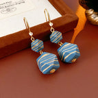 65#Ear Hook-Gold-Blue-Wooden Beads