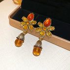 34#Silver Needle - Gold - Yellow - Coffee Color - Inlaid Diamond Butterfly Fruit Resin Round Ball Water Drop Earrings
