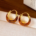 30 # Brown C-shaped Amber Earrings (real Gold Plating)