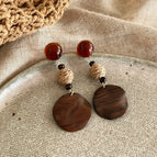 Amber Half Round Bead Wooden Round Pendant Stud Earrings