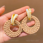 Light Coffee round Rattan Stud Earrings-6.3cm