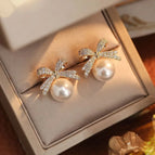 37#Micro diamond double butterfly festival pearl stud earrings