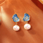 Blue Lotus Leaf Pearl Stud Earrings (S925 Silver Needle)