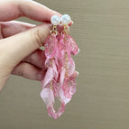 Premium pink resin flower tassel pearl stud earrings