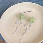 Green mesh flower tassel beaded long stud earrings