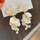 Vintage Camellia Tassel Petal Pearl Pendant Earrings