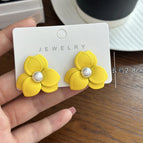4640 Double Layer 3 Petal Flower Earrings Yellow