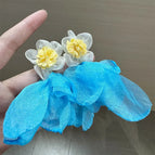 Sweet Fabric Flower Tassel Blue Chiffon Petal Earrings