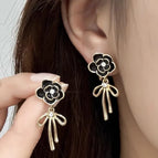 Black Camellia Bow Earrings-Gold