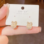 No. 75 Zircon Bow Pearl Stud Earrings (Real Gold Plating)