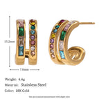Double C- Shaped Zircon Earrings-Gold-Colorful Diamond