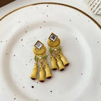 23#Silver Needle-Gold-Set Diamond Square Pearl Geometric Tassel Stud Earrings