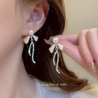 103# White Bow Rhinestone Ribbon Pearl Stud Earrings