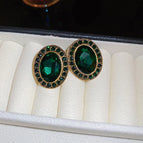 15 # Silver Needle-Gold-Green-Diamond Oval Stud Earrings