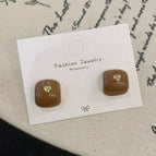 Brown Square Love Heart Stud Earrings R4938b
