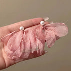 Fairy Pink Chiffon Petal Pearl Stud Earrings