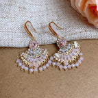 52#Gold-Pink-Zircon Fan-Shaped Pearl Crystal Tassel Ear Hooks