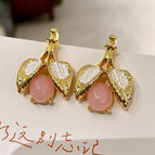2503321 Leaf Pink Crystal Earrings (S925 Silver Needle)